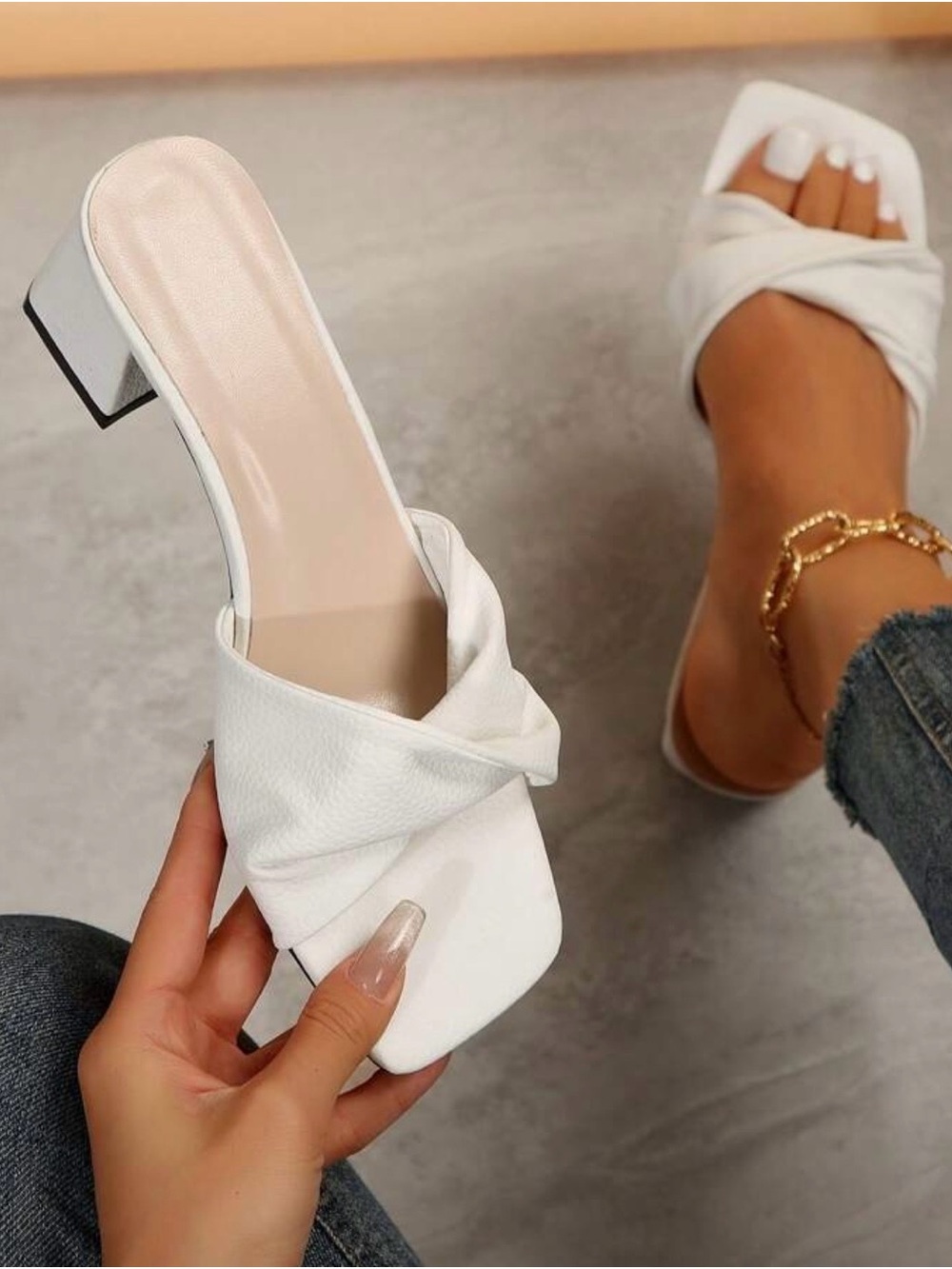 New White Twisted Strap Block Heels